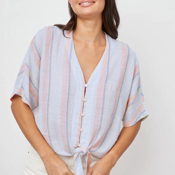 NEW Rails Thea Linen Tie Waist Blouse Biarritz Multi Stripe Medium - Picture 4 of 16